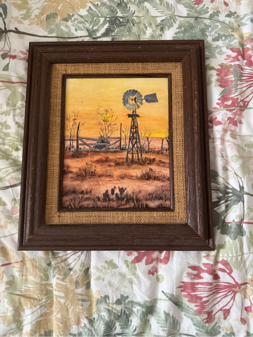 Rustic Windmill Framed Art Print in Brown and Gold Signed by Artist